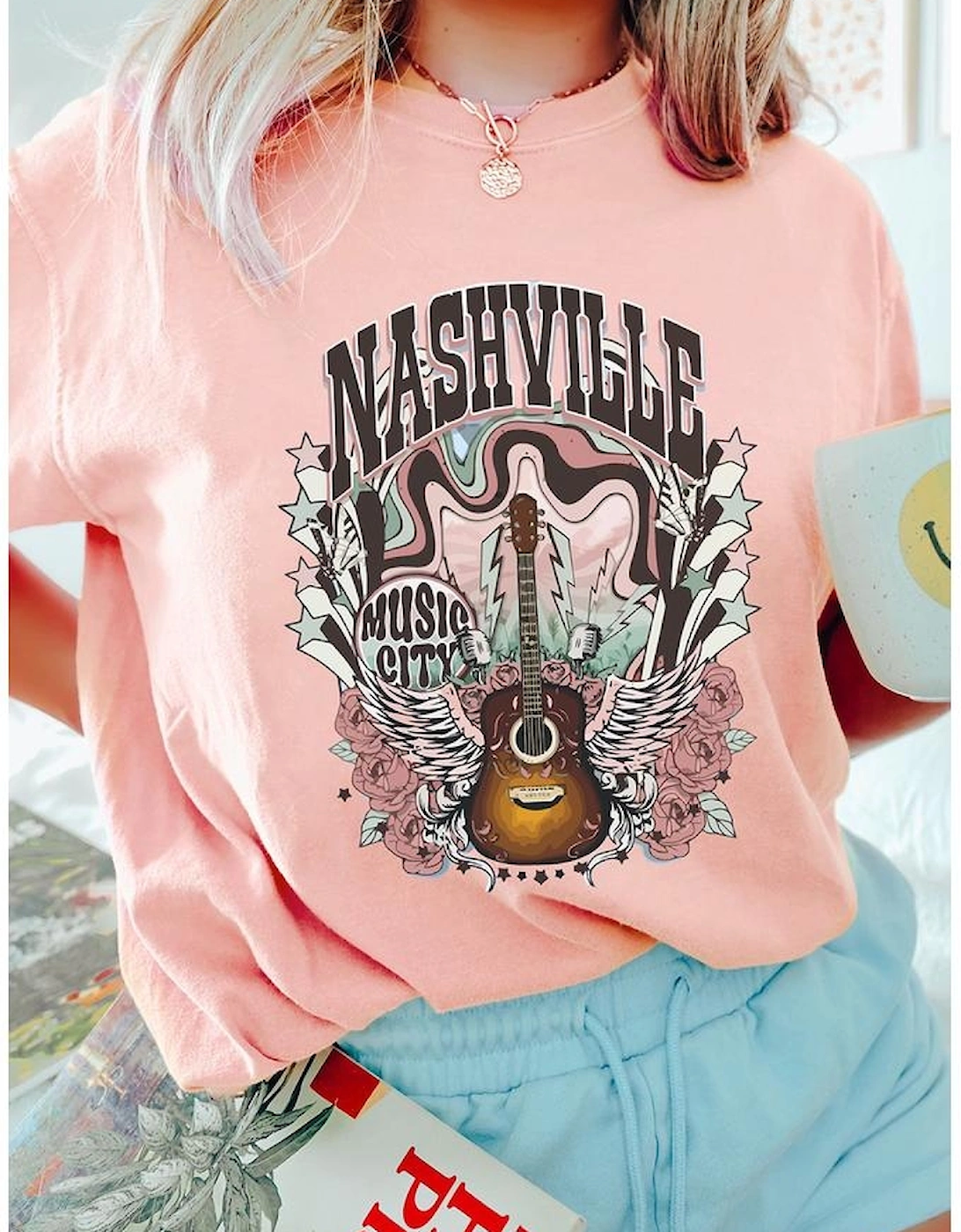 Pink NASHVILLE MUSIC CITY Guitar Graphic T Shirt