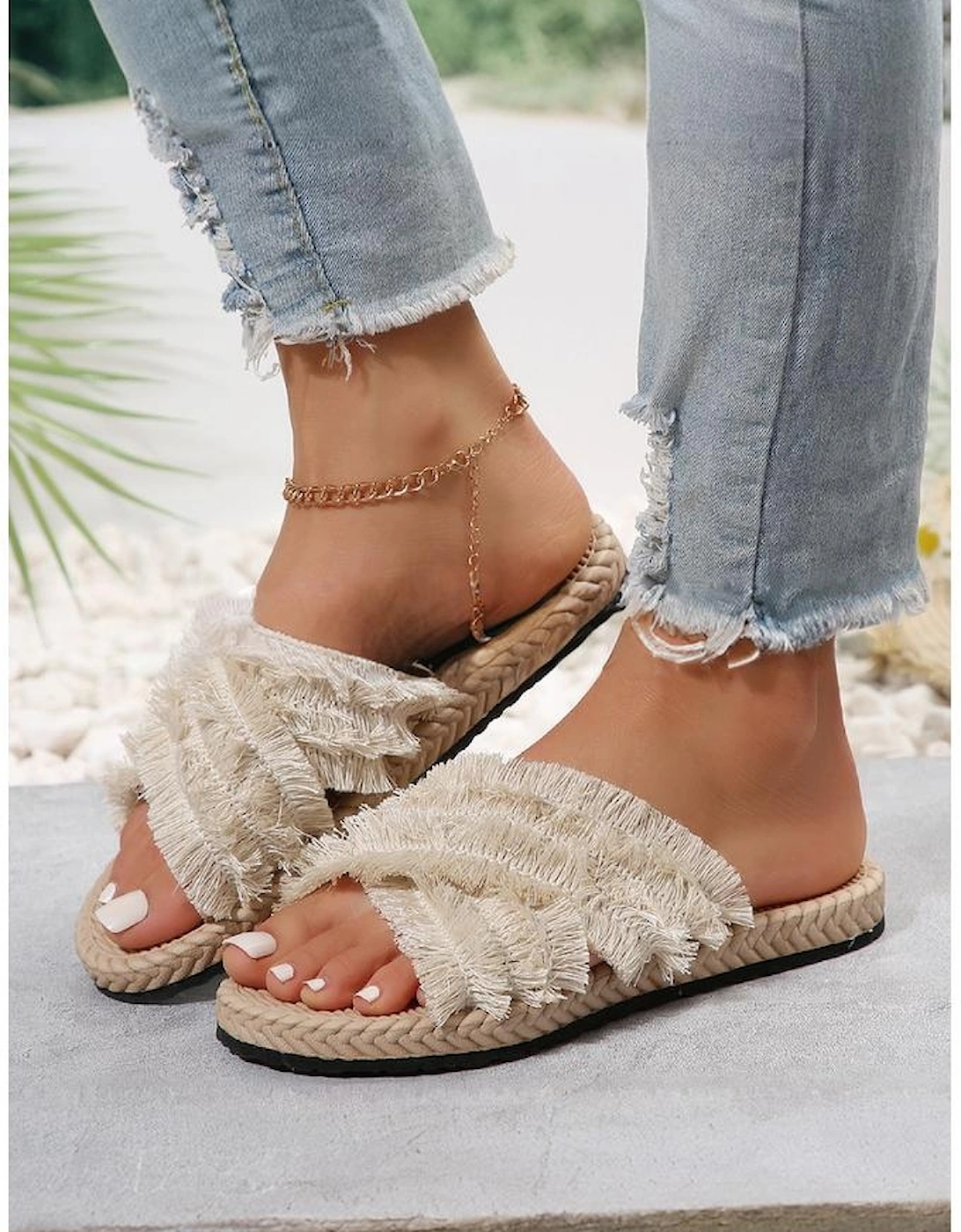 Beige Bohemian Cross Criss Tassel Slippers, 3 of 2