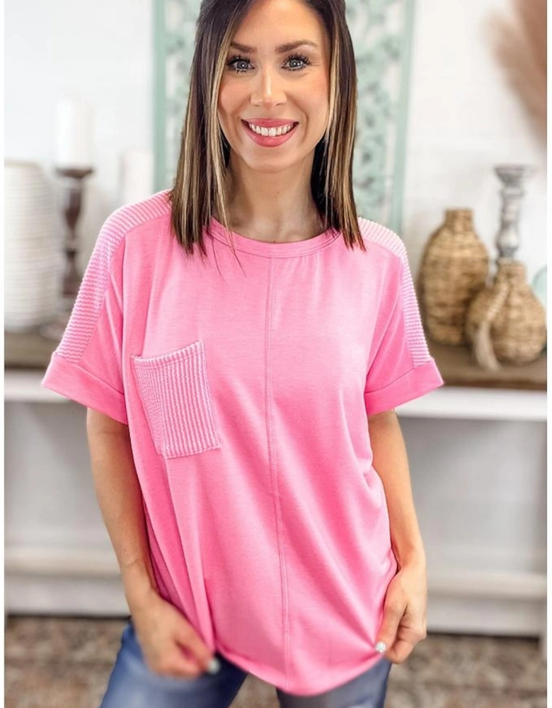 Bonbon Corded Patchwork Pocketed Plus Size T Shirt