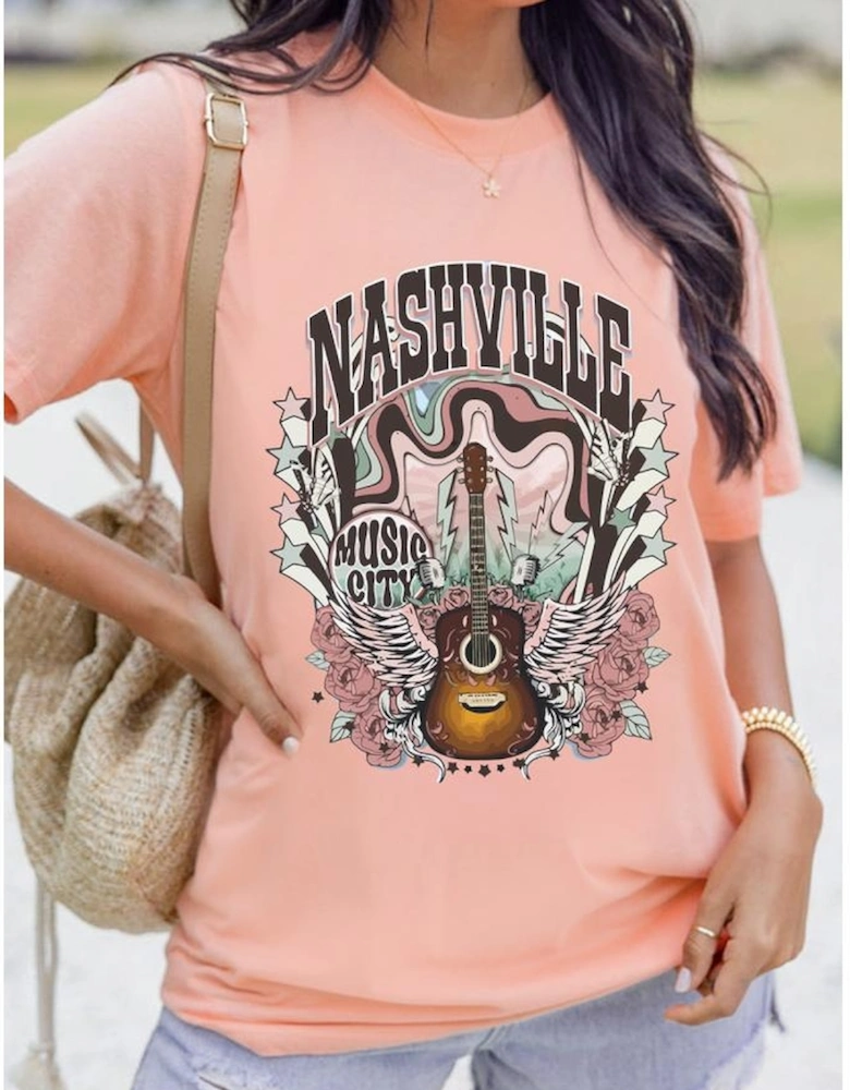 Pink NASHVILLE MUSIC CITY Guitar Graphic T Shirt