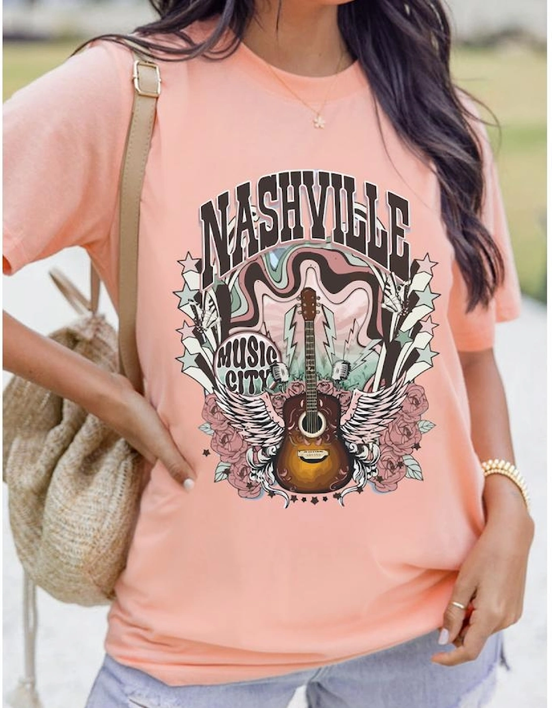 Pink NASHVILLE MUSIC CITY Guitar Graphic T Shirt