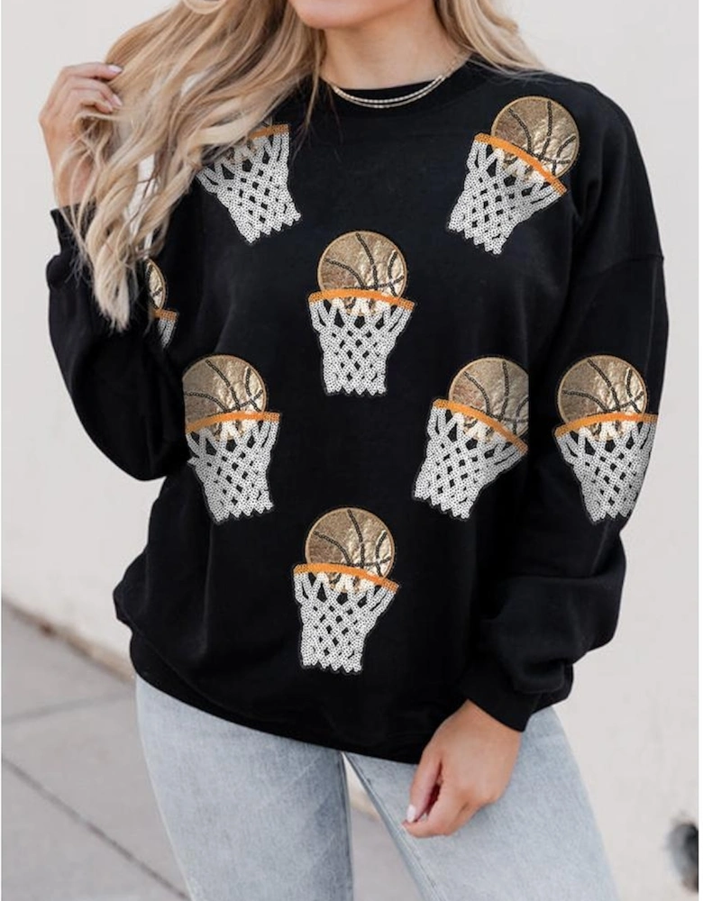 Black Basketball Patched Game Day Crew Neck Graphic Sweatshirt