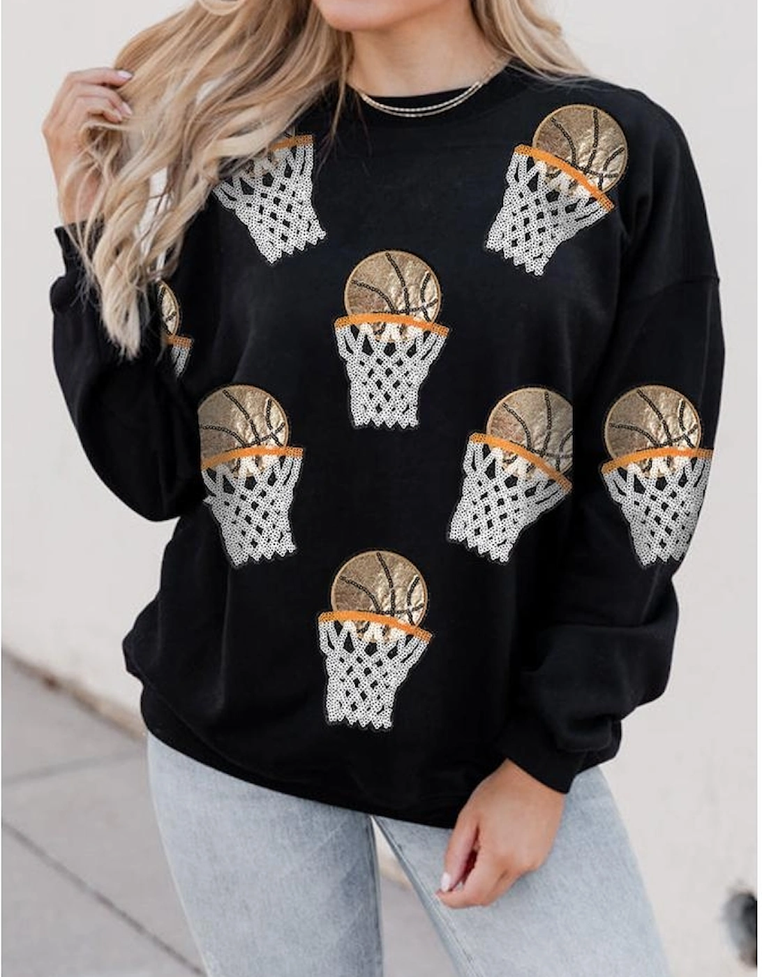 Black Basketball Patched Game Day Crew Neck Graphic Sweatshirt