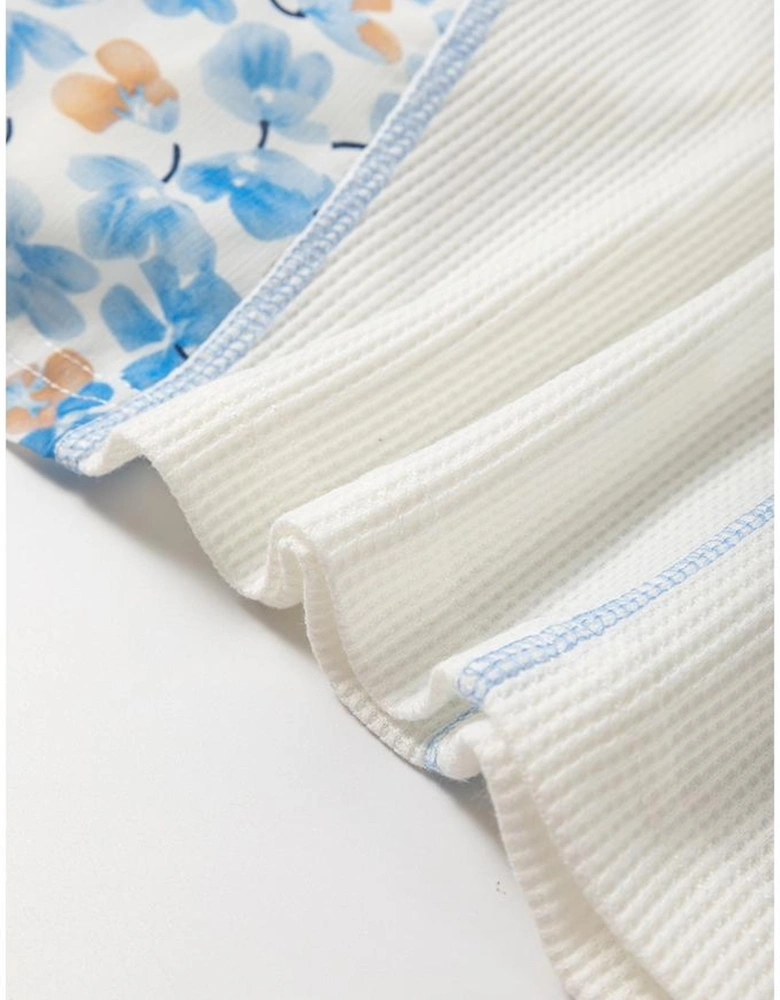 White Abstract Floral Patchwork Batwing Sleeve V Neck Blouse