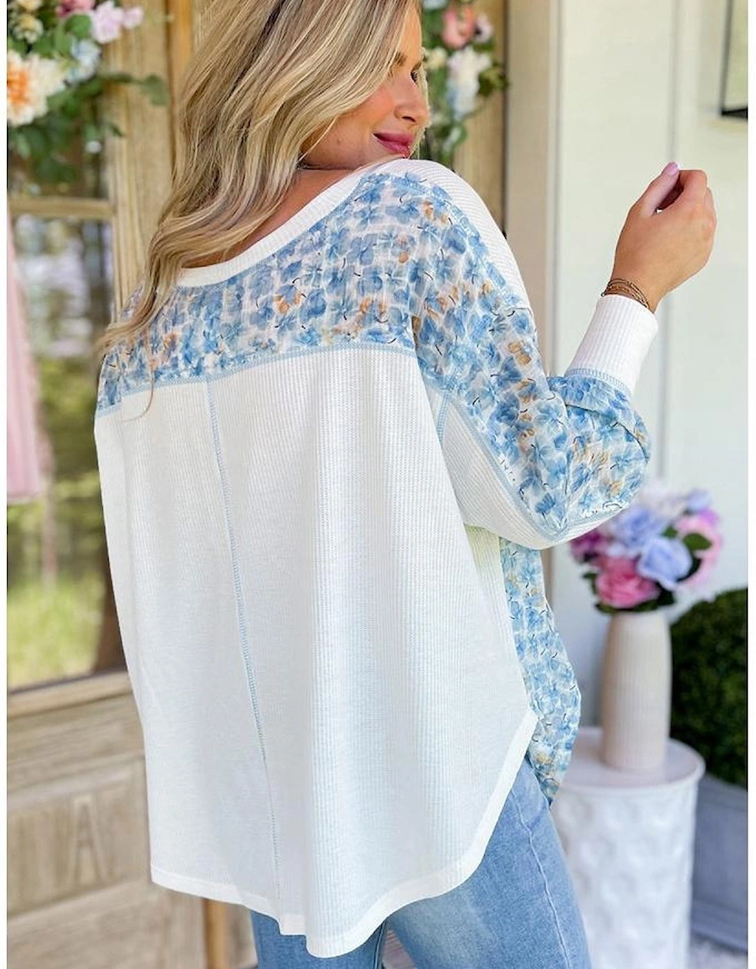 White Abstract Floral Patchwork Batwing Sleeve V Neck Blouse