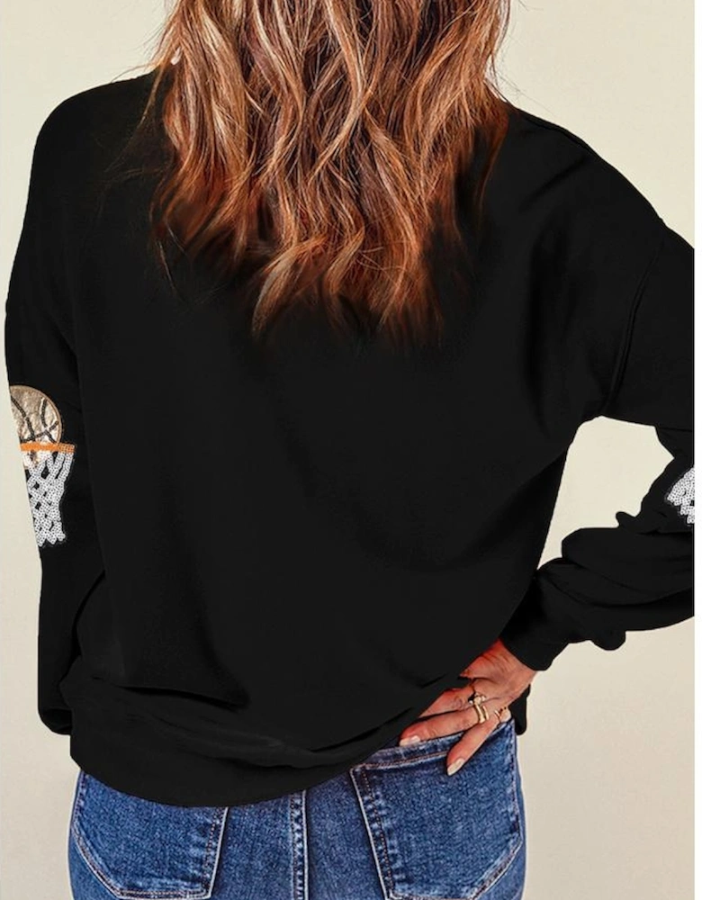 Black Basketball Patched Game Day Crew Neck Graphic Sweatshirt