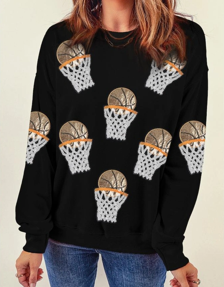 Black Basketball Patched Game Day Crew Neck Graphic Sweatshirt