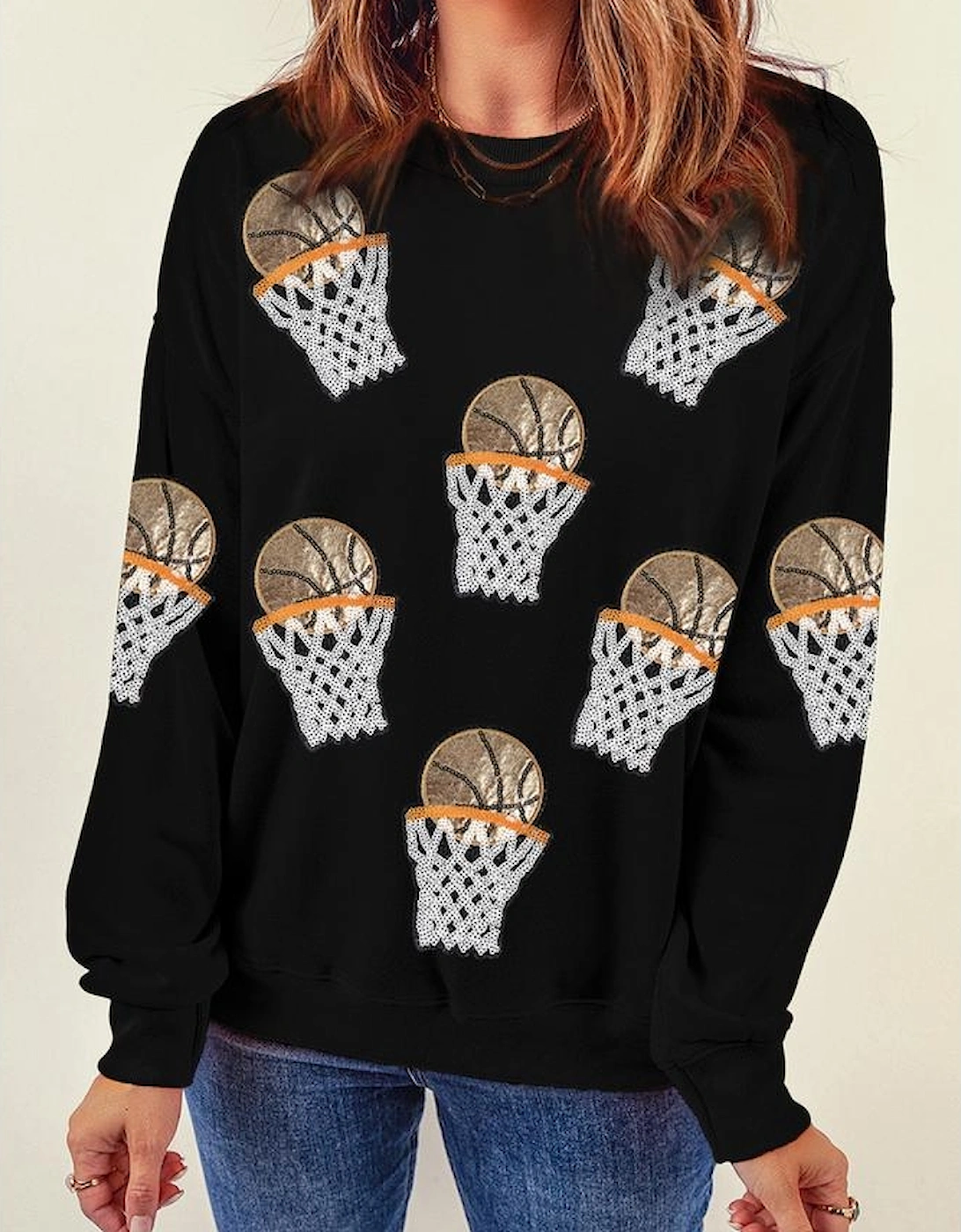 Black Basketball Patched Game Day Crew Neck Graphic Sweatshirt