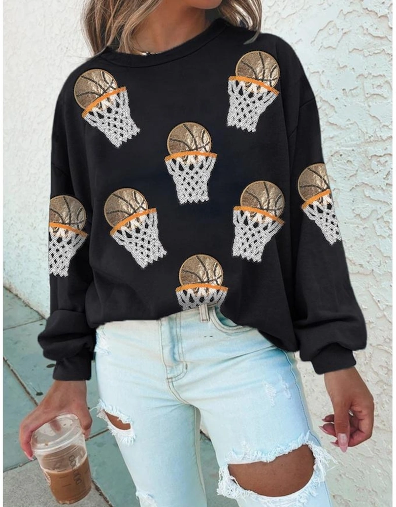 Black Basketball Patched Game Day Crew Neck Graphic Sweatshirt