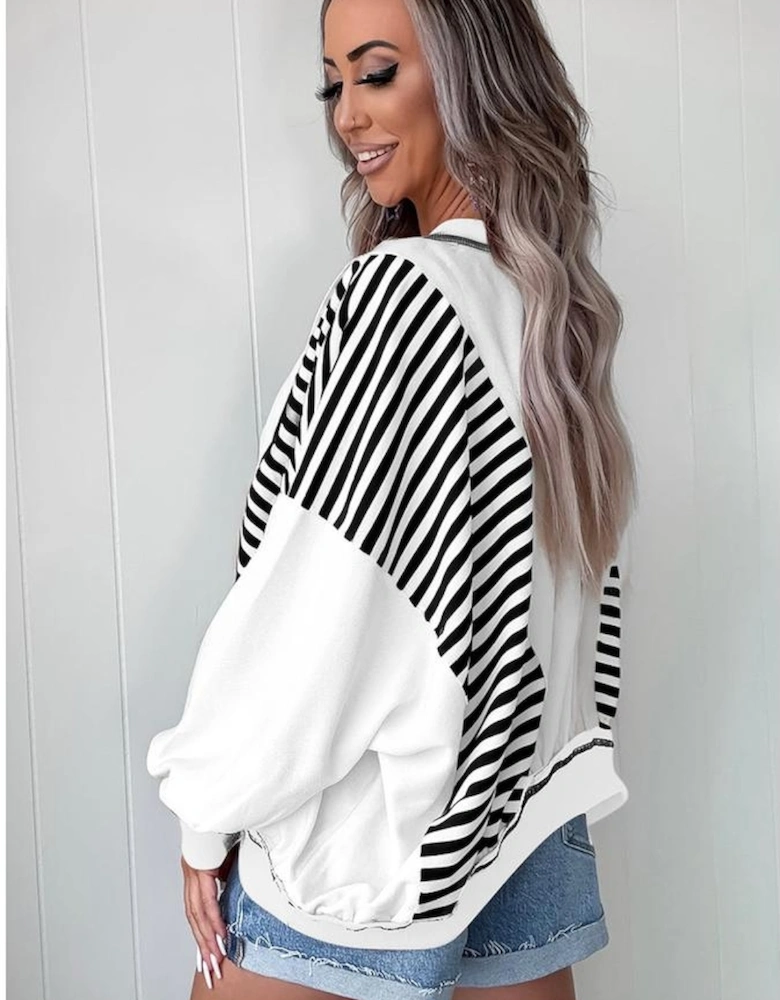 White Stripe Colorblock Patchwork Contrast Stitching Oversize Sweatshirt