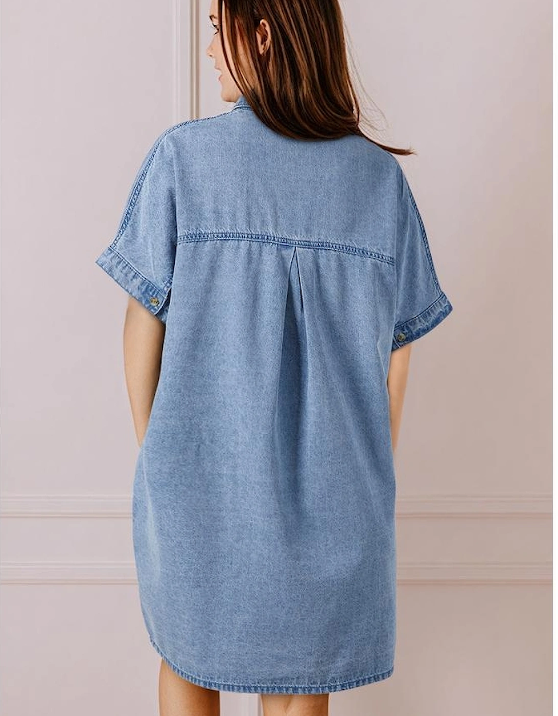 Dusk Blue Short Sleeve Pocketed Button up Denim Tunic Dress, 15 of 14