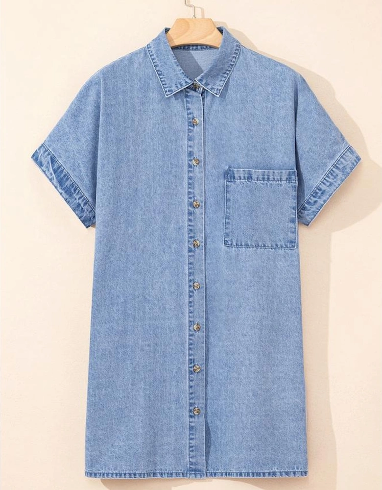 Dusk Blue Short Sleeve Pocketed Button up Denim Tunic Dress