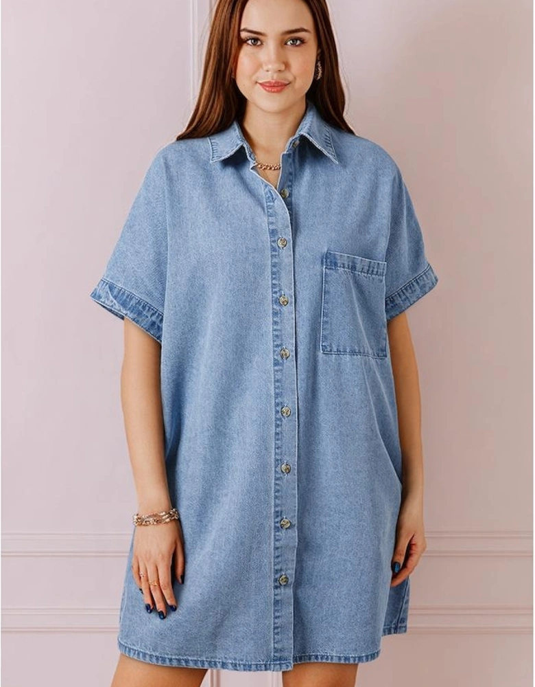 Dusk Blue Short Sleeve Pocketed Button up Denim Tunic Dress