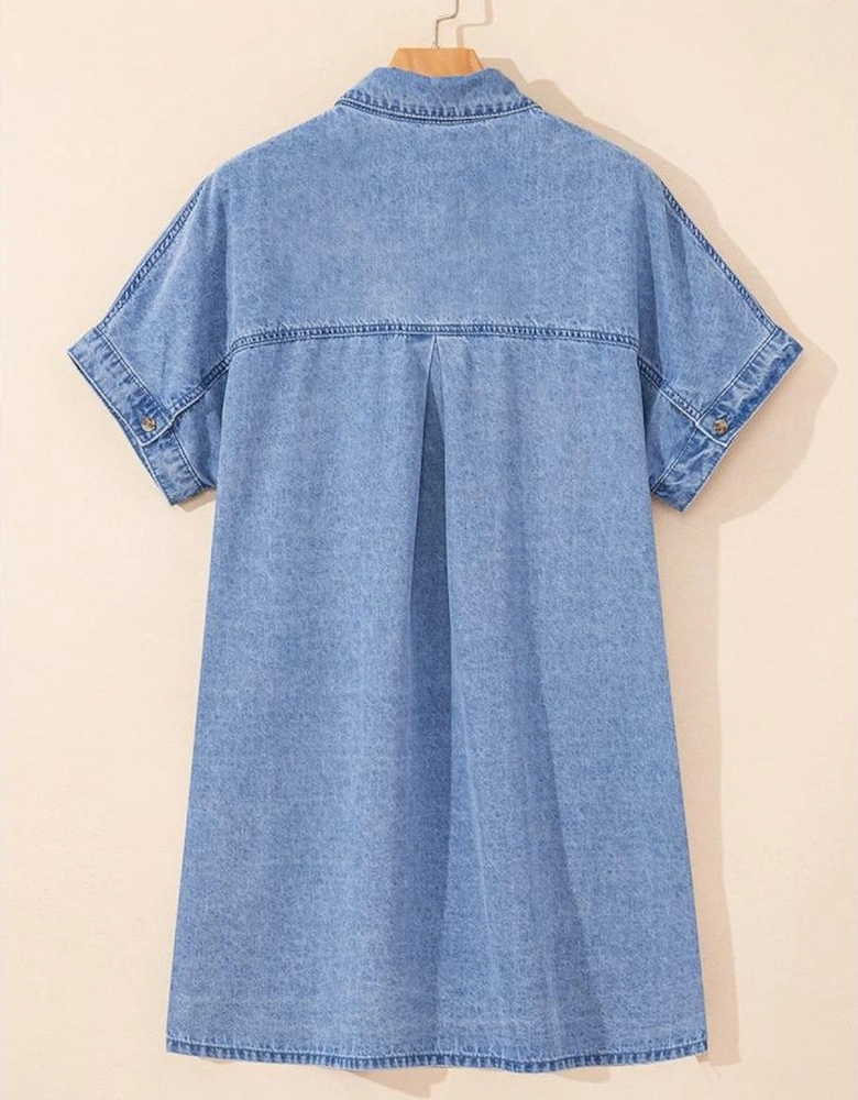 Dusk Blue Short Sleeve Pocketed Button up Denim Tunic Dress