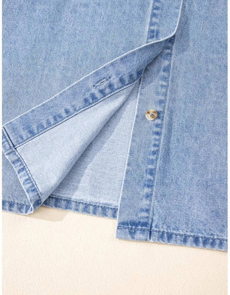 Dusk Blue Short Sleeve Pocketed Button up Denim Tunic Dress