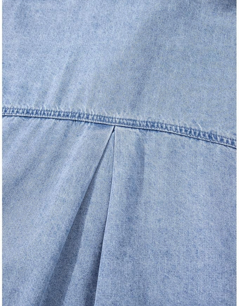 Dusk Blue Short Sleeve Pocketed Button up Denim Tunic Dress