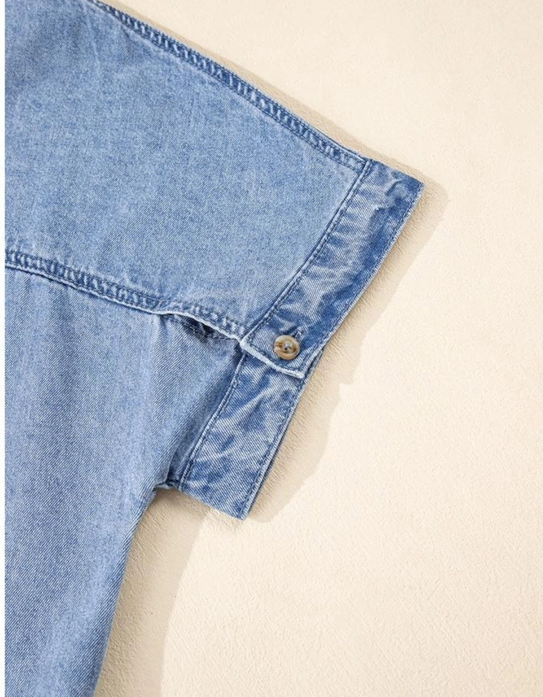 Dusk Blue Short Sleeve Pocketed Button up Denim Tunic Dress