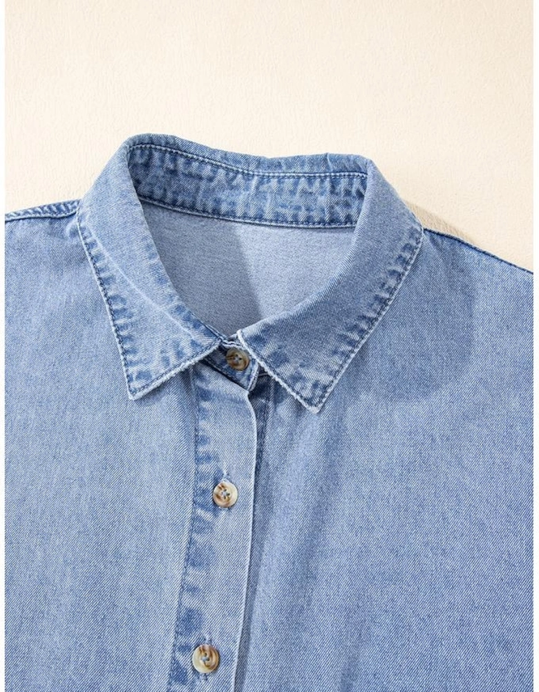 Dusk Blue Short Sleeve Pocketed Button up Denim Tunic Dress