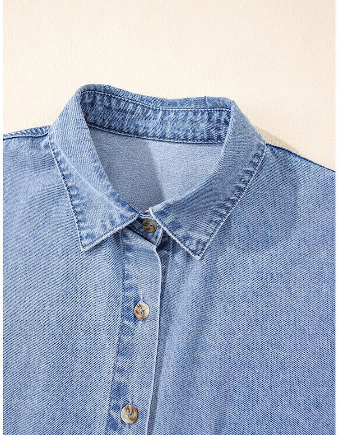 Dusk Blue Short Sleeve Pocketed Button up Denim Tunic Dress