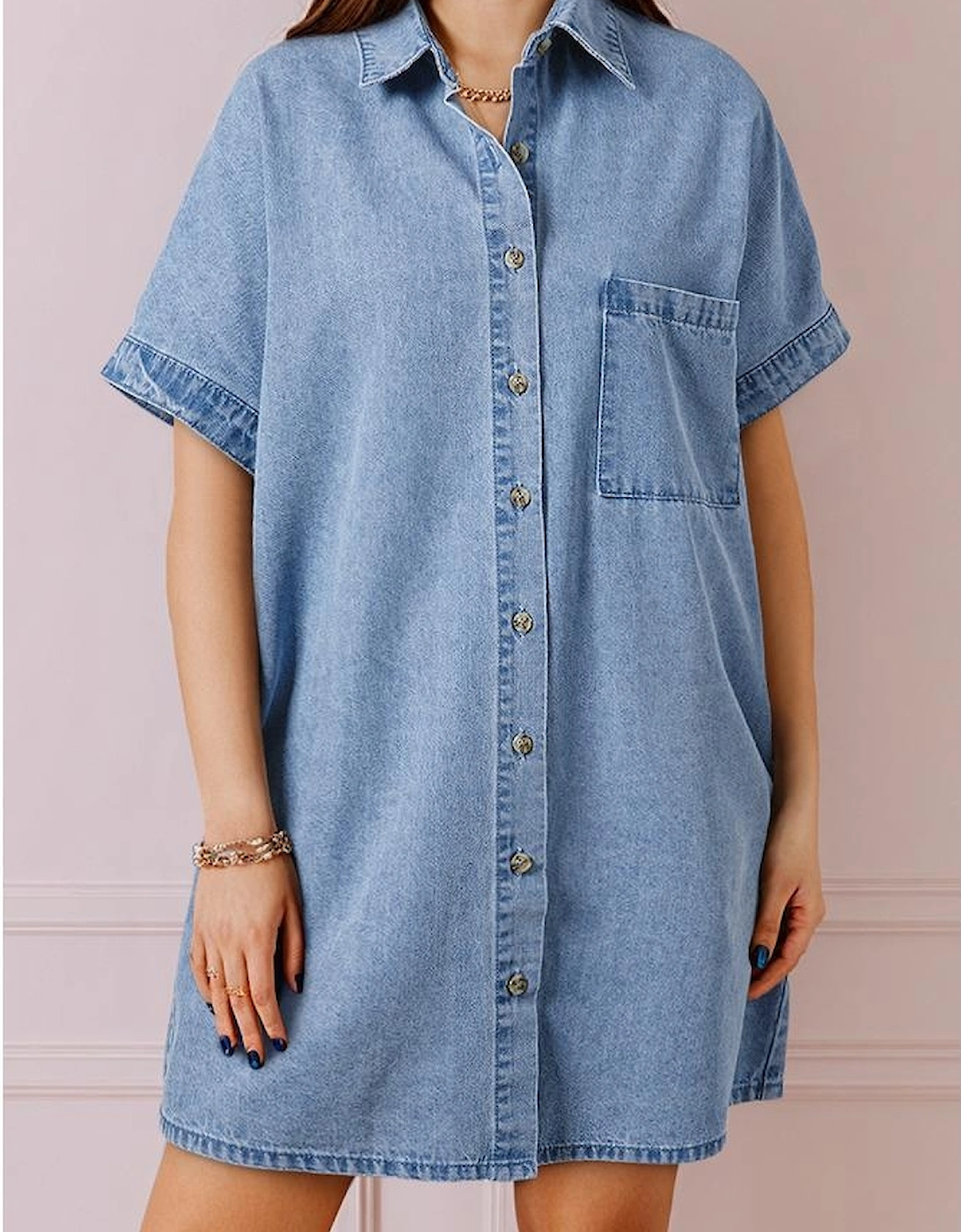 Dusk Blue Short Sleeve Pocketed Button up Denim Tunic Dress