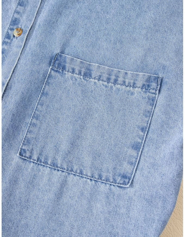 Dusk Blue Short Sleeve Pocketed Button up Denim Tunic Dress