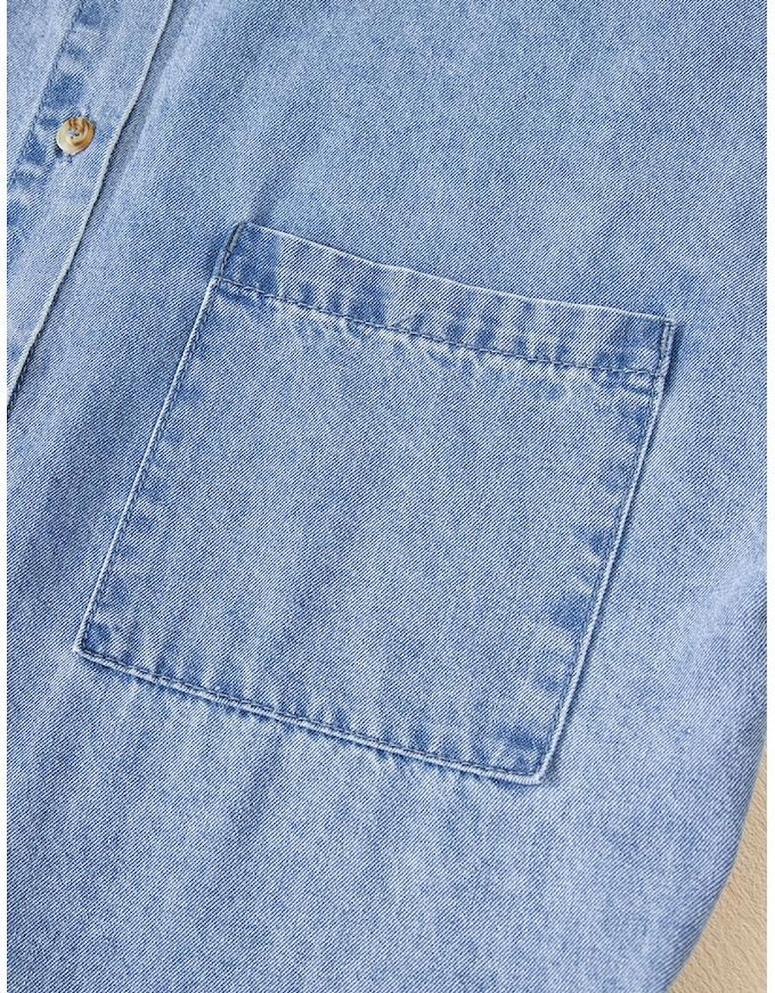 Dusk Blue Short Sleeve Pocketed Button up Denim Tunic Dress