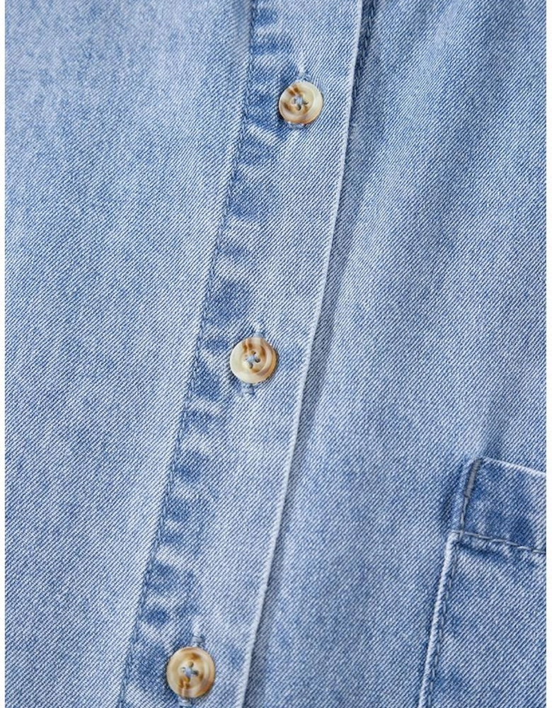 Dusk Blue Short Sleeve Pocketed Button up Denim Tunic Dress