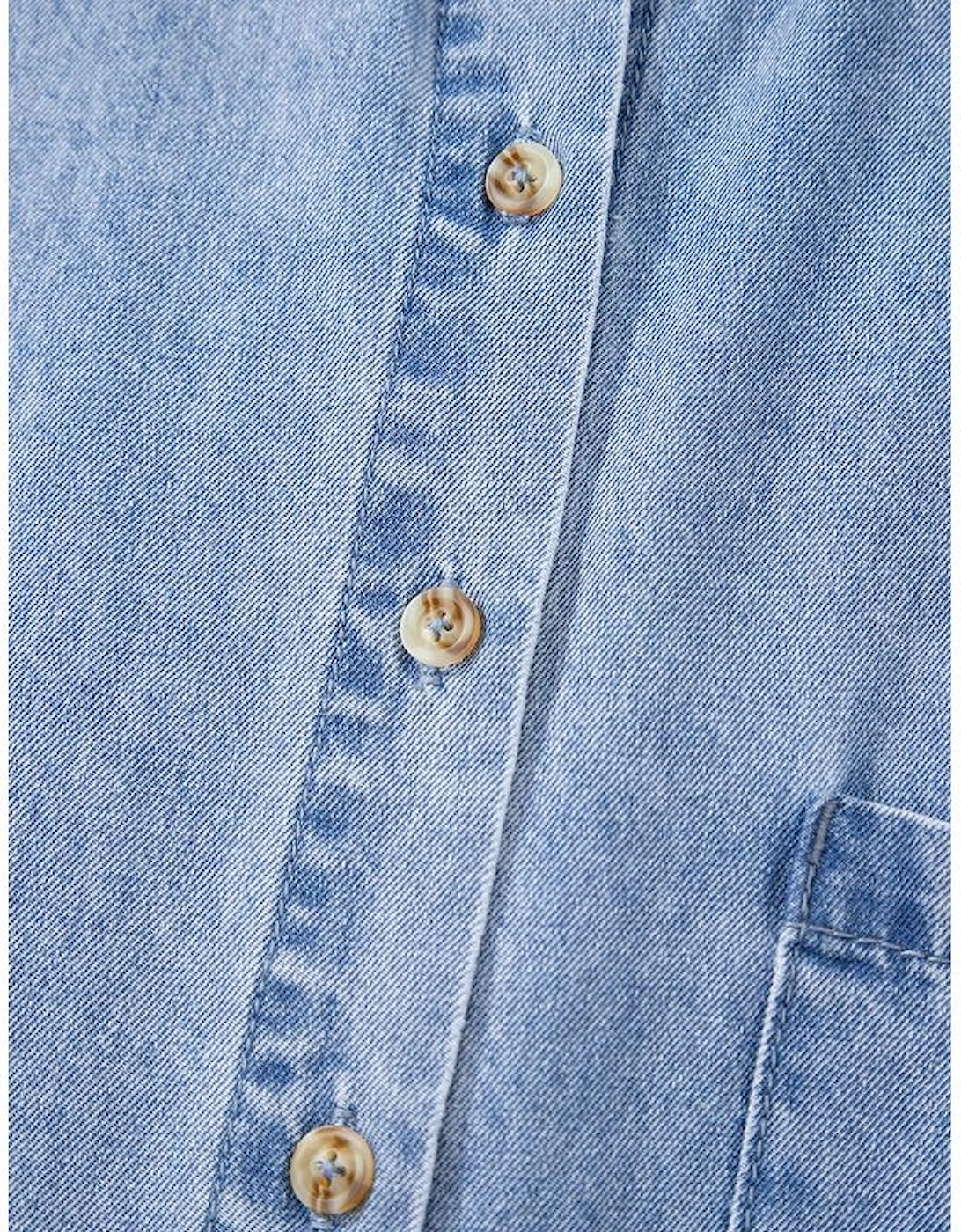 Dusk Blue Short Sleeve Pocketed Button up Denim Tunic Dress