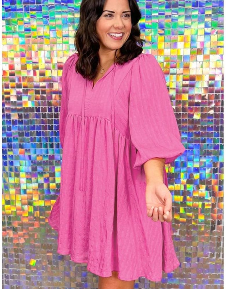 Sachet Pink Plus Size Textured Tie Split Neck Puff Sleeve Flowy Mini Dress