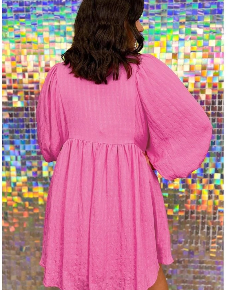 Sachet Pink Plus Size Textured Tie Split Neck Puff Sleeve Flowy Mini Dress