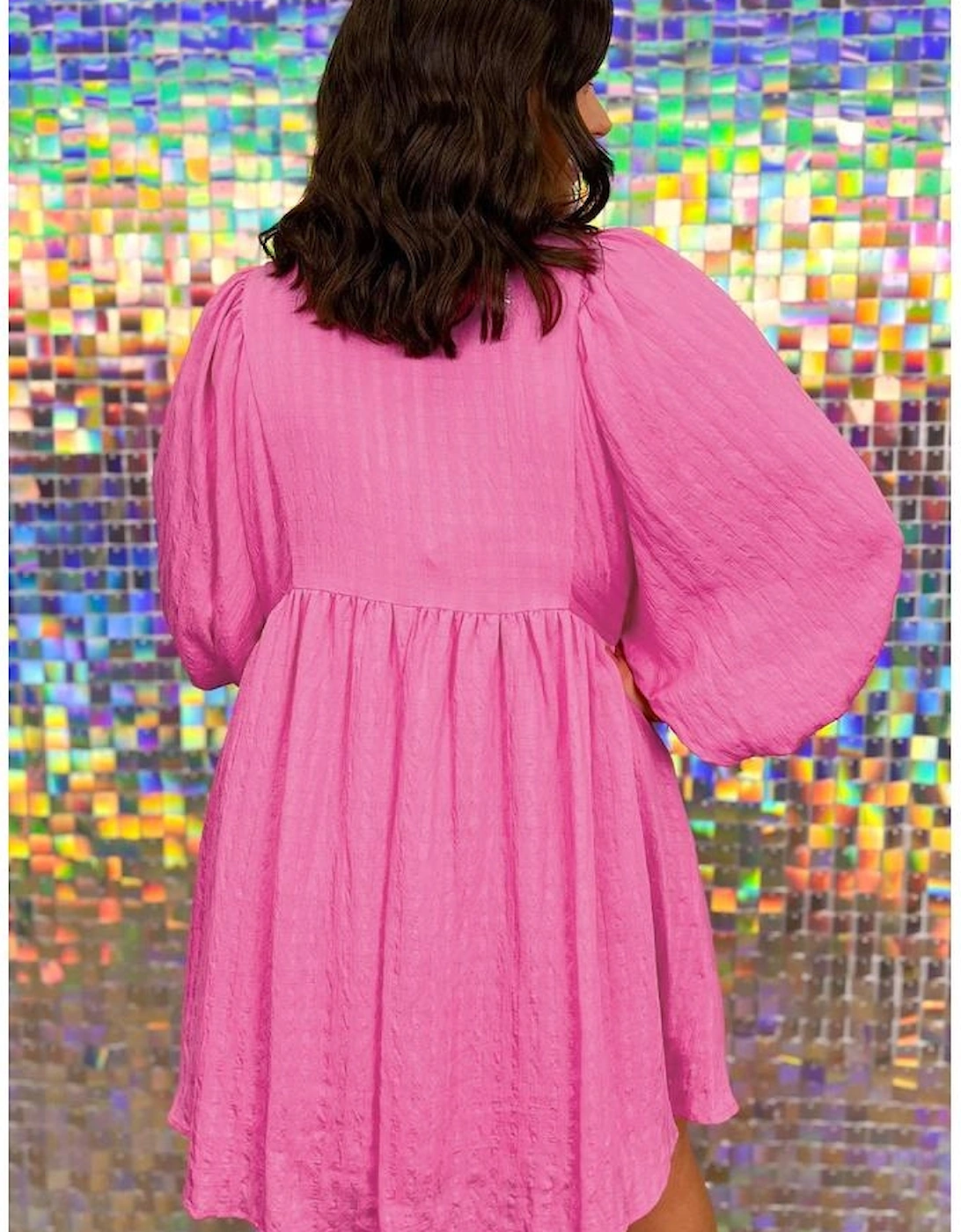 Sachet Pink Plus Size Textured Tie Split Neck Puff Sleeve Flowy Mini Dress, 13 of 12