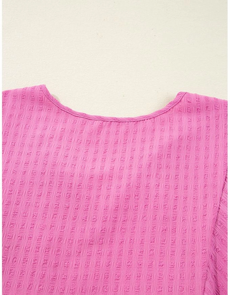 Sachet Pink Plus Size Textured Tie Split Neck Puff Sleeve Flowy Mini Dress