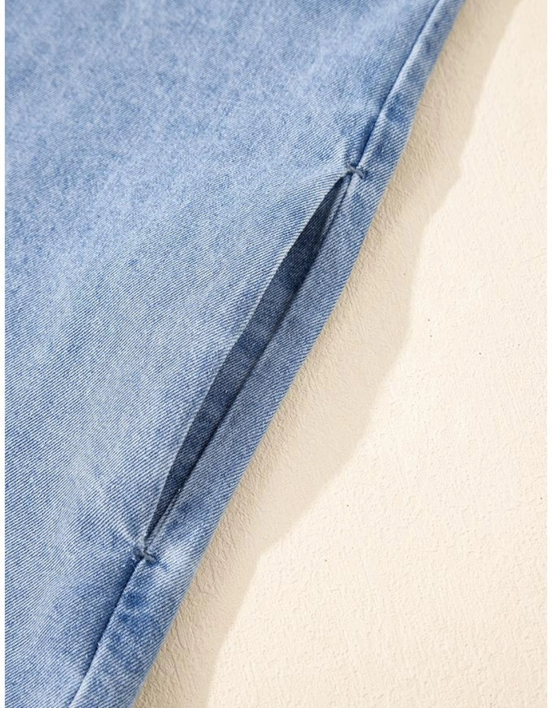 Dusk Blue Short Sleeve Pocketed Button up Denim Tunic Dress