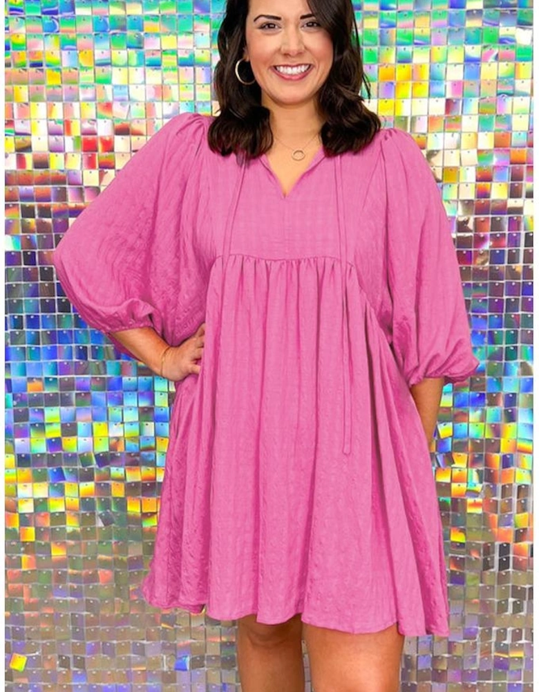 Sachet Pink Plus Size Textured Tie Split Neck Puff Sleeve Flowy Mini Dress