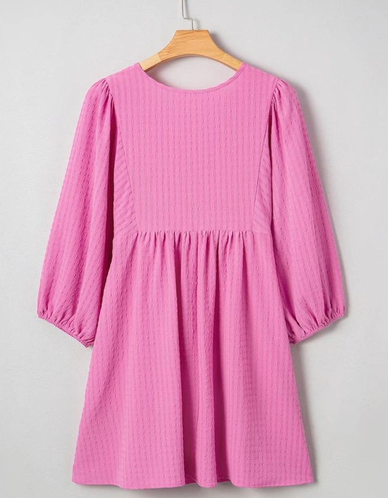 Sachet Pink Plus Size Textured Tie Split Neck Puff Sleeve Flowy Mini Dress