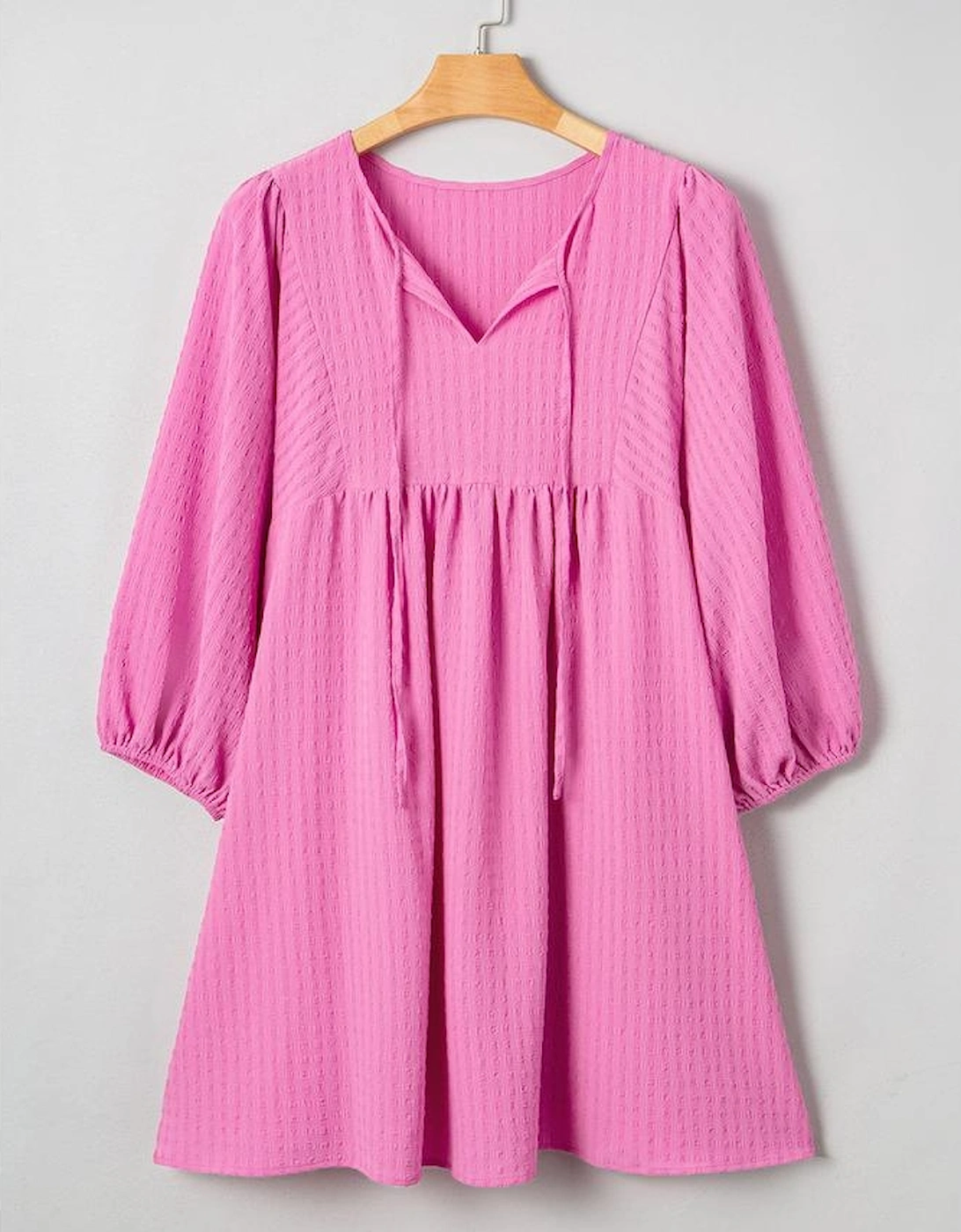 Sachet Pink Plus Size Textured Tie Split Neck Puff Sleeve Flowy Mini Dress