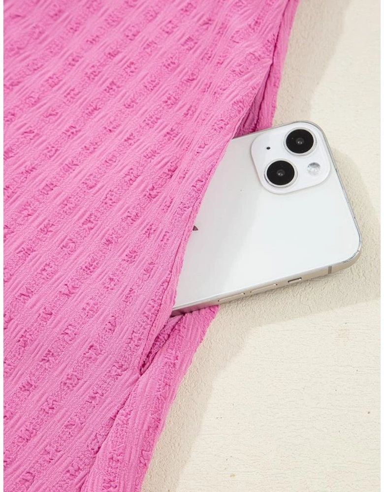 Sachet Pink Plus Size Textured Tie Split Neck Puff Sleeve Flowy Mini Dress