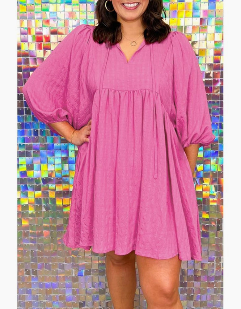 Sachet Pink Plus Size Textured Tie Split Neck Puff Sleeve Flowy Mini Dress