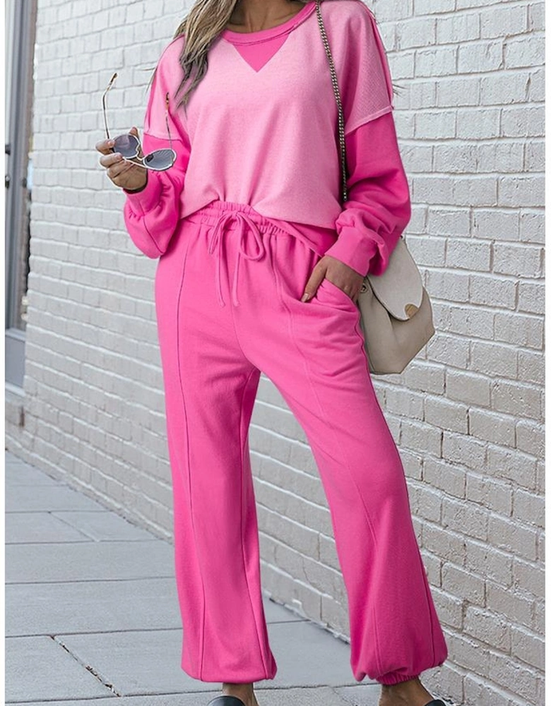 Bonbon Contrast Patchwork Pullover and Drawstring Joggers Set