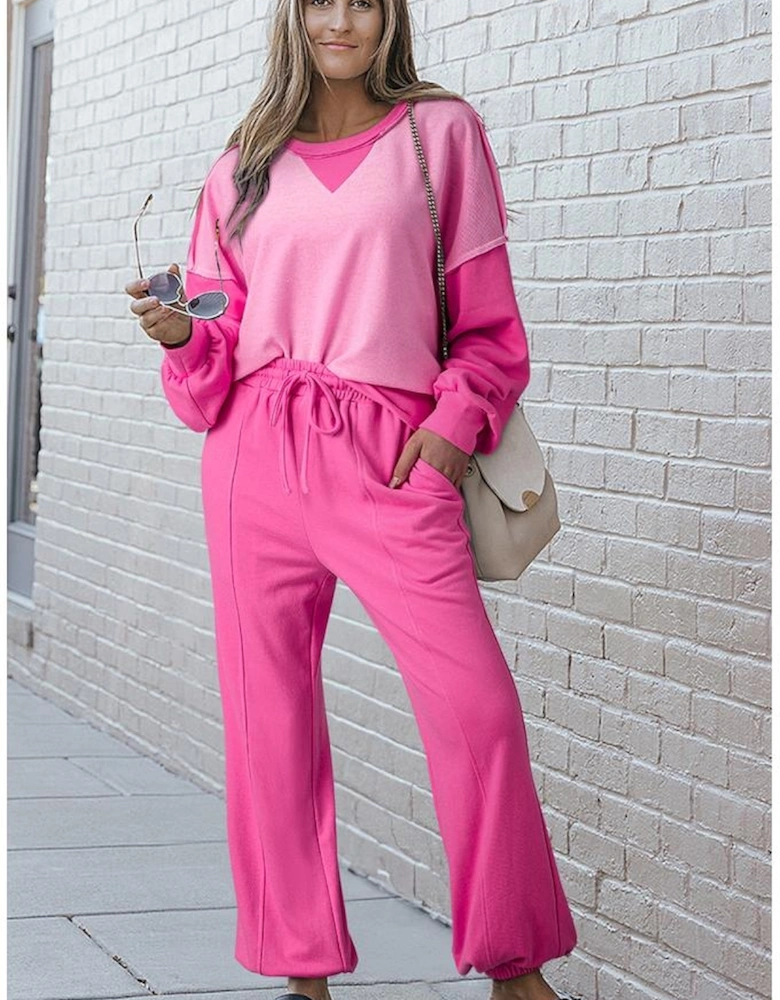 Bonbon Contrast Patchwork Pullover and Drawstring Joggers Set