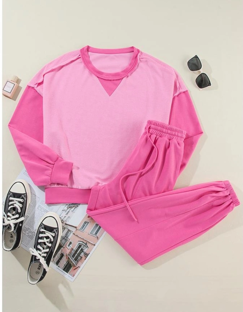 Bonbon Contrast Patchwork Pullover and Drawstring Joggers Set