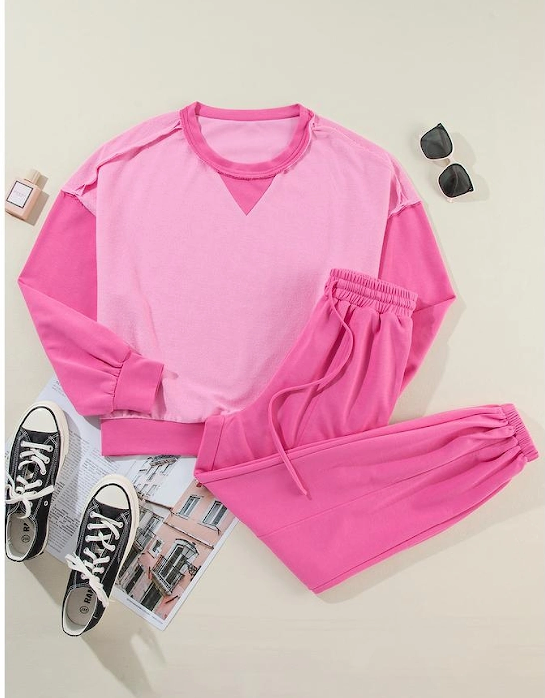 Bonbon Contrast Patchwork Pullover and Drawstring Joggers Set