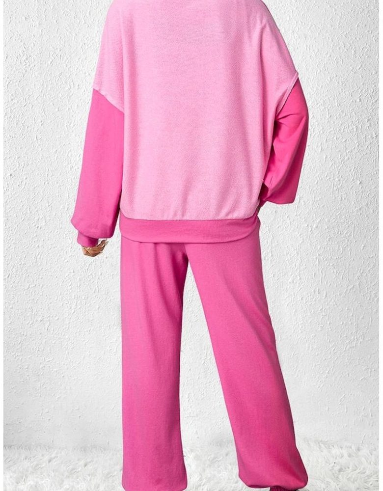 Bonbon Contrast Patchwork Pullover and Drawstring Joggers Set