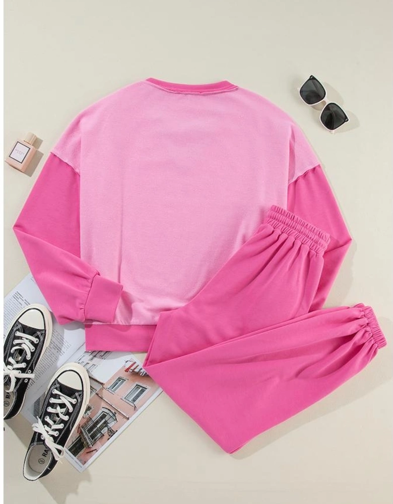 Bonbon Contrast Patchwork Pullover and Drawstring Joggers Set