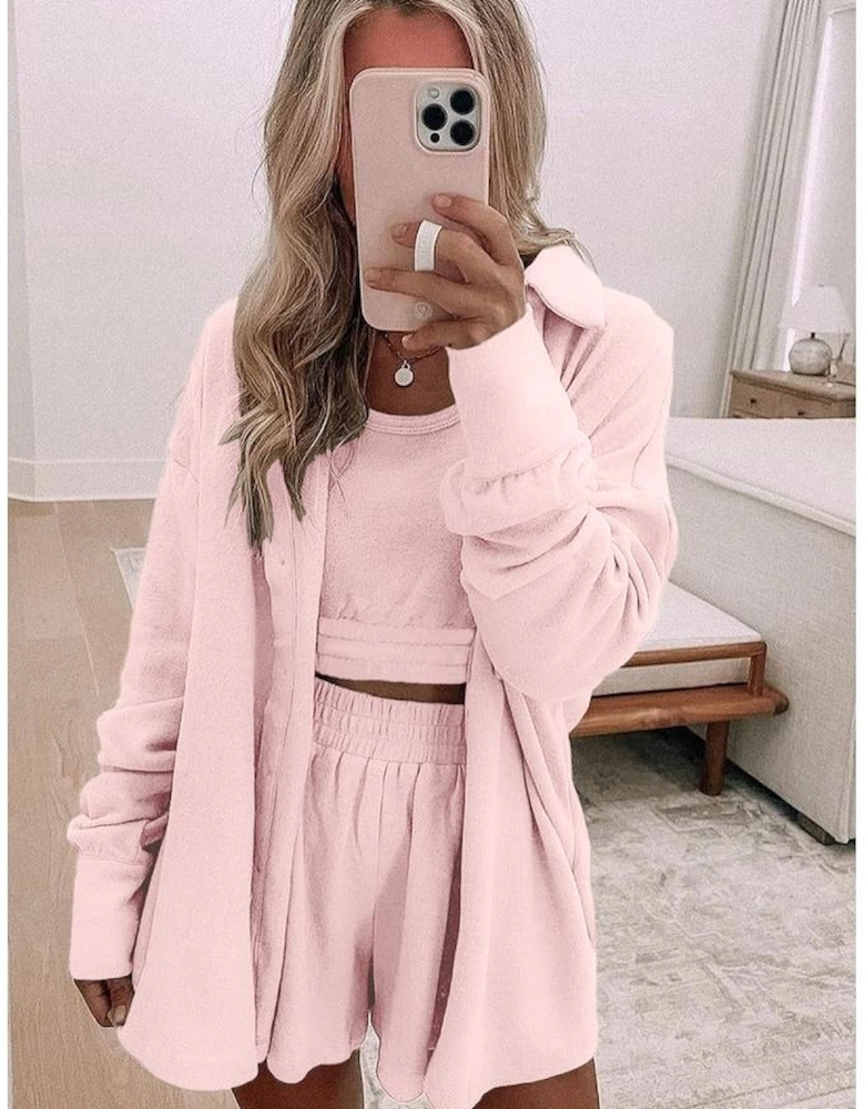 Light Pink 3 Pcs Crop Tank Top Shorts with Cardigan Lounge Set