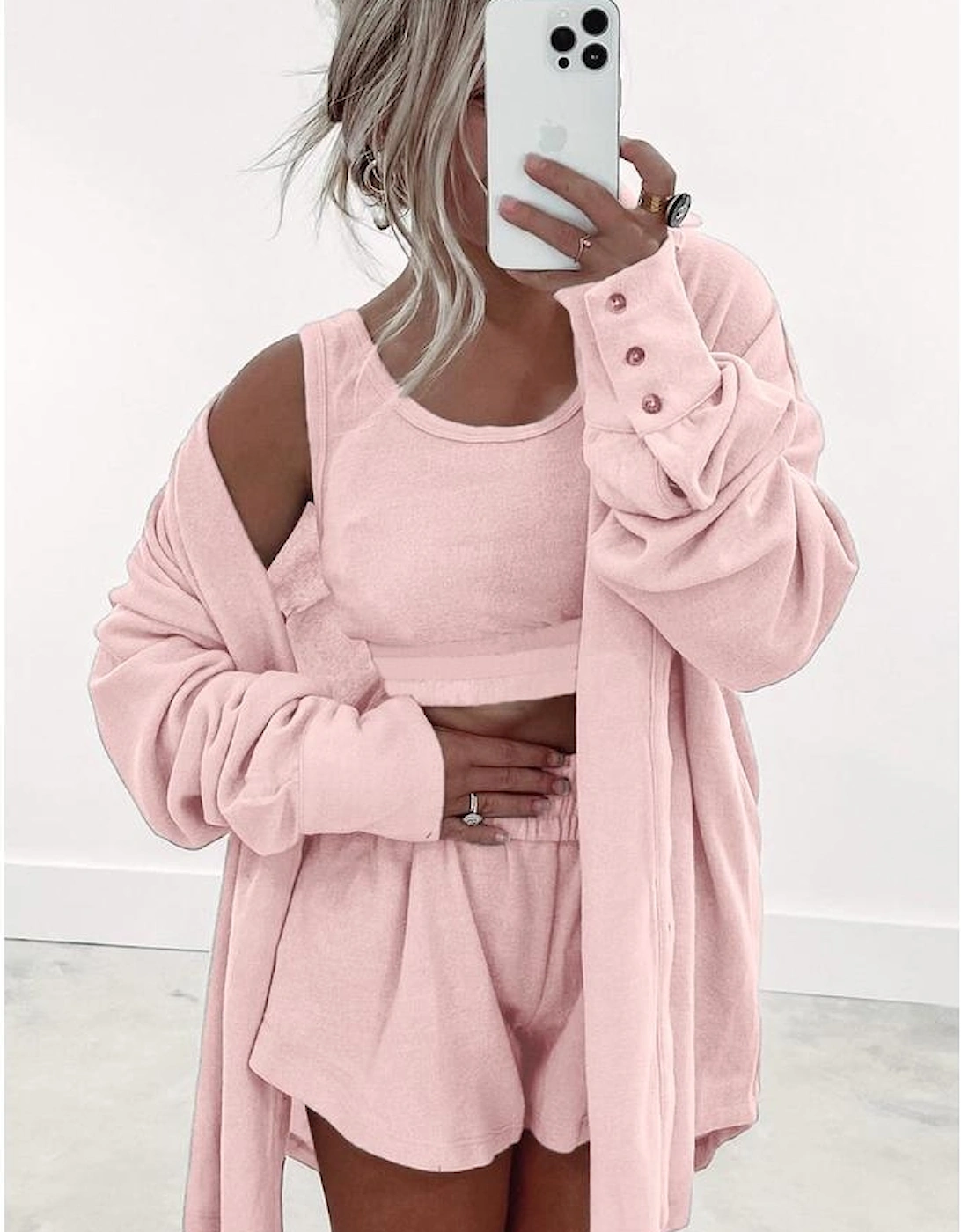 Light Pink 3 Pcs Crop Tank Top Shorts with Cardigan Lounge Set