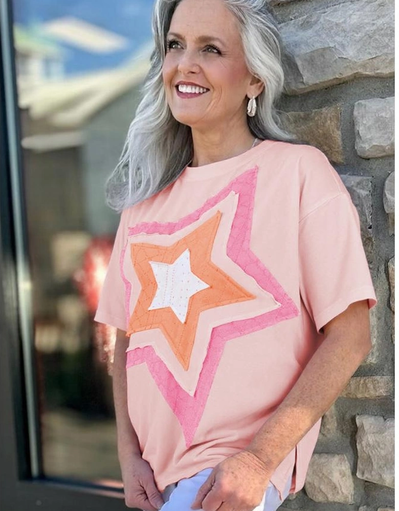 Light Pink Eyelet Lace Star Applique Plus Size T Shirt