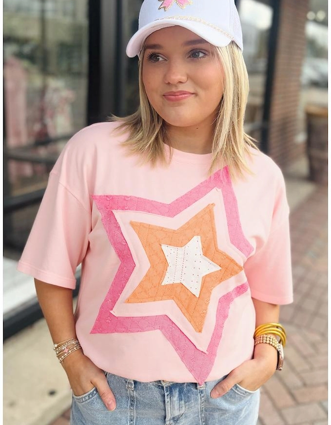 Light Pink Eyelet Lace Star Applique Plus Size T Shirt