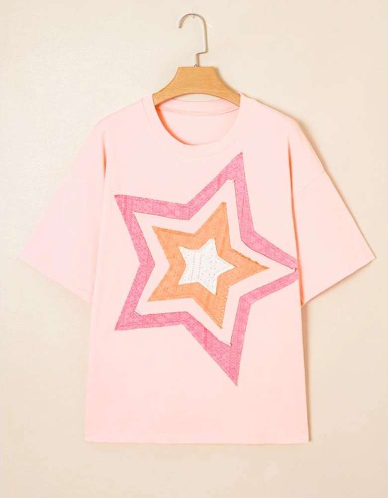 Light Pink Eyelet Lace Star Applique Plus Size T Shirt