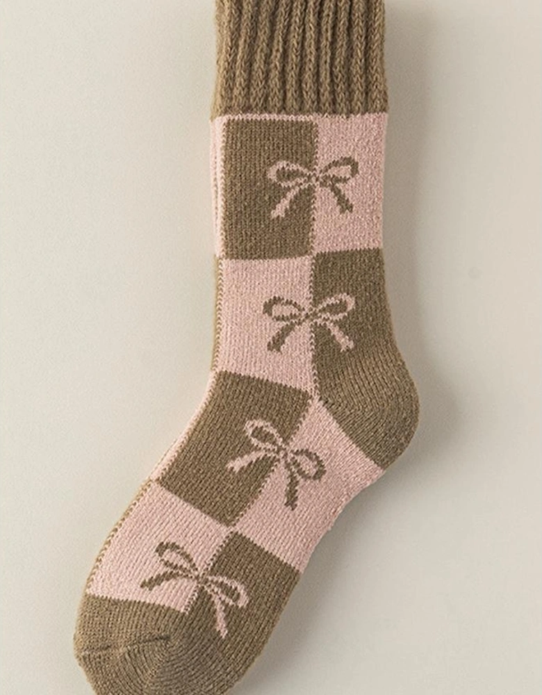 Sage Green Checkered Bowknot Printed Thermal Mid Calf Socks